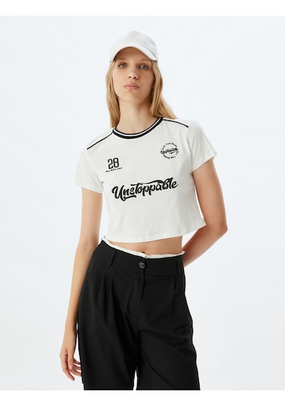 Koton Crop Tişört Slogan Baskılı Bisiklet Yaka Biyeli Slim Fit Ekru 4sal11218ık Ekru