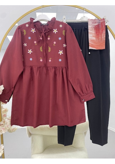 Lovie Moda Kadın Çiçek İşlemeli Takım - Bordo Beyaz