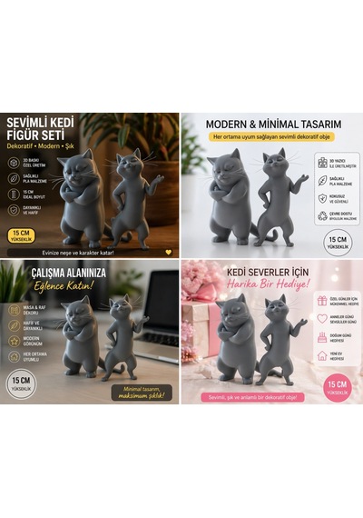 Sevimli Kedi Figür Seti 15 Cm 3d Baskı Dekoratif Obje Çok Renkli
