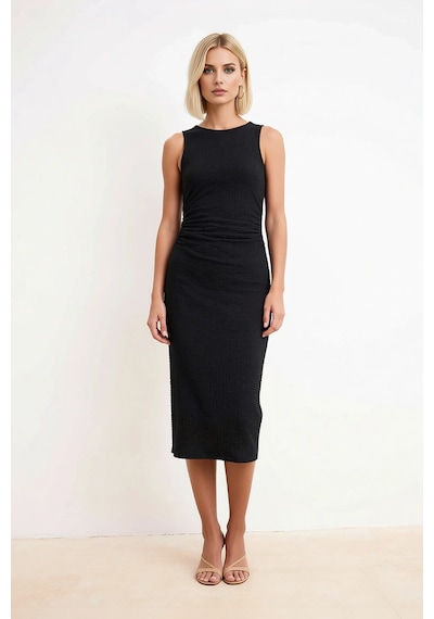 Benerly Kadın Kolsuz Bisiklet Yaka Midi Bodycon Gofre Dokulu Astarlı Örme Siyah