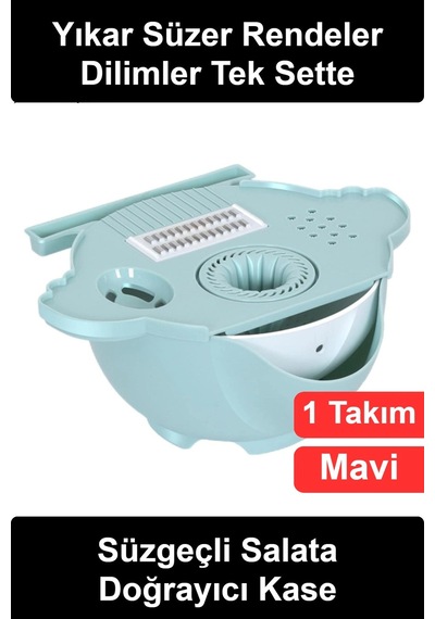 Salataaparatı Çok Fonksiyonlu Süzgeçli Sebze Doğrayıcı Rende Seti Dilimleyici Kase Meyve Yıkama Süz Çok Renkli