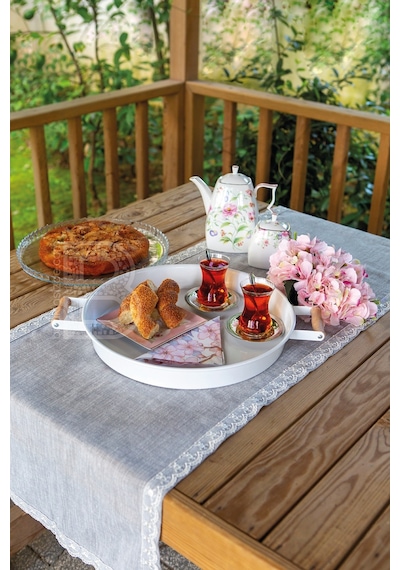 Kitchen Trend Ahşap Kulplu Metal Çay Kahve Sunum Tepsi Seti 3'lü