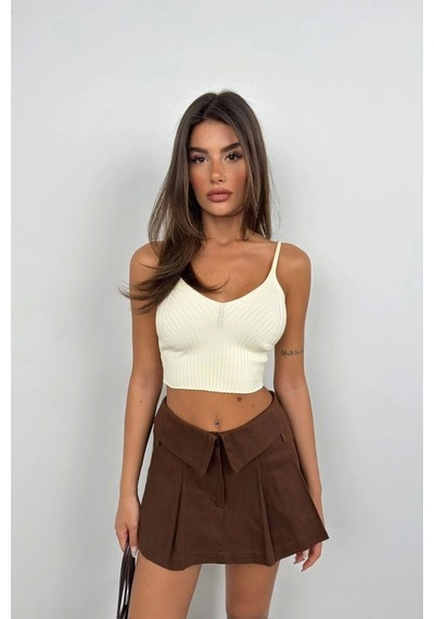 Defymoda V Yaka Crop Bluz Ekru