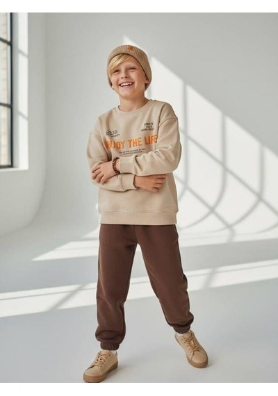 Zekids Erkek Çocuk Yumuşak Dokulu Enjoy The Life Yazılı Eşofman Takım-16615 Bej