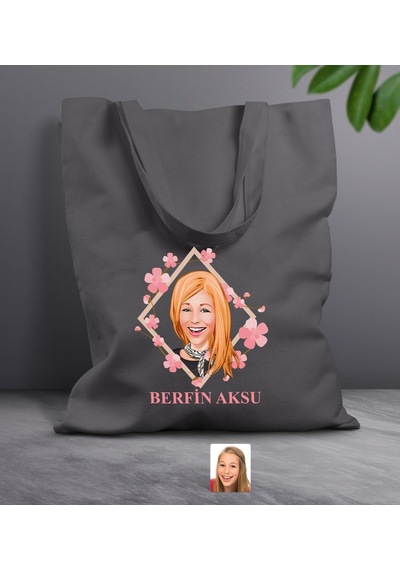 Bk Gift Kişiye Özel Anneler Günü Karikatürlü Antrasit Kumaş Bez Çanta, Baskılı Omuz Çantası, Alışveriş Çantası, Anneye Hediye-4 Antrasit