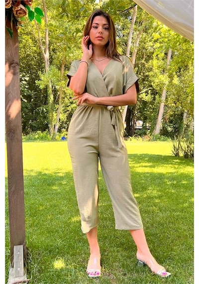 Neşeli Butik Kadın Yeşil Kruvaze Yaka Bağlama Detaylı Ayrobin Tulum Nb10049 Yeşil