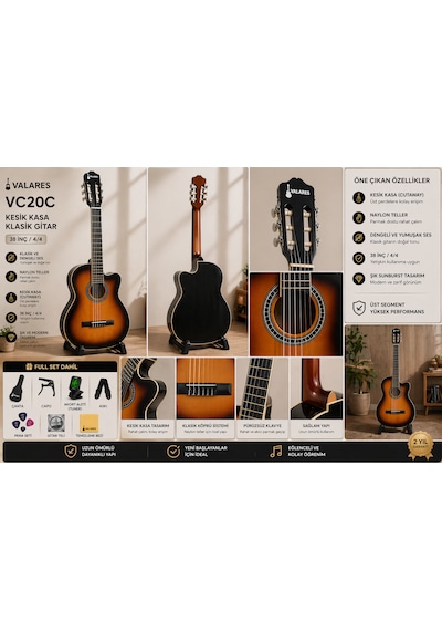 Valares Vc20c Kesik Kasa Klasik Gitar 38 İnç 4/4 Yetişkin Üst Segment Çanta Capo Askı Pena Tuner Sunburst