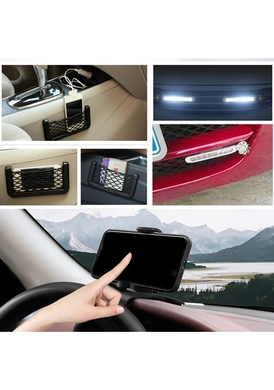 Upway 3 İn 1 Araç İçi Universal Telefon Tutucu Ve Organizer File Eşya Cebi Rüzgar Enerjili Led Lamba li Siyah