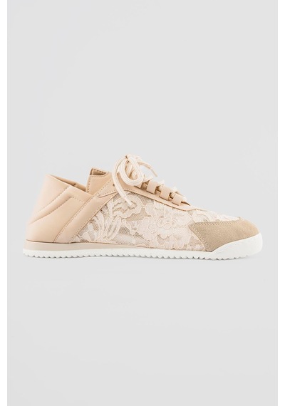 Mubiano Kadın Sneaker File Detaylı Çiçek İşlemeli Spor Ayakkabı Floren Bej Bej