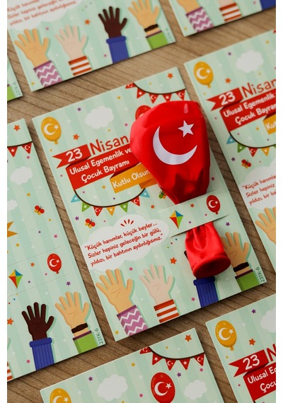 20 Adet Balon ve 23 Nisan Tebrik Kartı 20'li Set Sınıf Hediyelik Türk Bayraklı Balon
