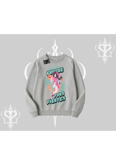 Startmore Biskilet Sweatshirt Oversize Anime Kız Desenli Japon Stil Gri