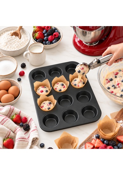 12'li Teflon Muffin Kalıbı Yapışmaz Cupcake Kek Pişirme Tepsisi 12 Gözlü Fırın Kalıbı Sariva Home 12v