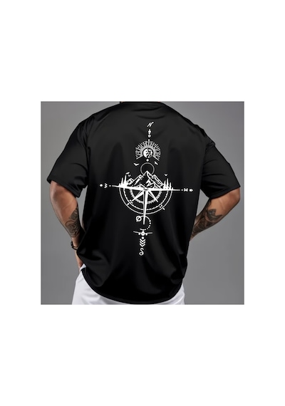 Caddemia Yaz Rahat Spor Gevşek Boy Retro Pusula Baskılı Rahat Yuvarlak Boyun Kısa Siyah 2XL Caddemia Yaz Rahat Spor Gevşek Boy Retro Pusula Baskılı Rahat Yuvarlak Boyun Kısa Siyah 2XL