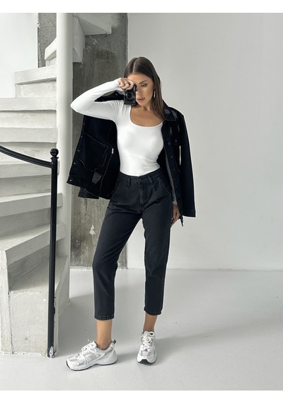 Blue Marlin Pileli Kuşaklı Mom Jeans Siyah