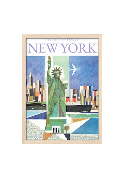 New York Doğal Ahşap Çerçeveli Poster, Dekoratif Seyahat Duvar Tablosu