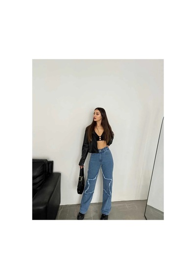 Kene Jeans Yüksek Bel Bacak Yıldızlı Bol Paça Jeans Mavi