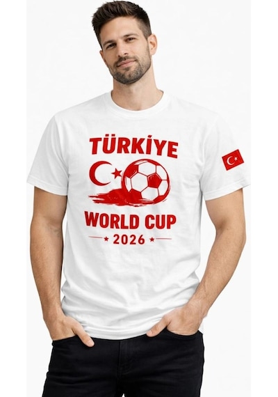 Erkek Türkiye World Cup 2026 Baskılı Tişört Futbol Temalı Forma T-shirt - Beyaz