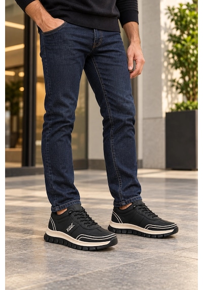In Step Perra Erkek Siyah Deri Sneaker - Bej Kalın Tabanlı Günlük Spor Ayakkabı