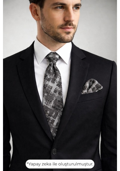 Gaffy Füme Desenli Gri Dokuma Kumaş Mendilli Slim Fit Kravat // Sdk-2601-3 Gri