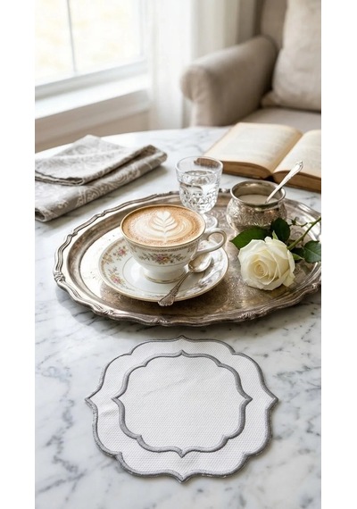 Nakışlı Kumaş Bardak Altı Sunumluk 14x14 Cm Pike Dokulu Kahve Yanı Fincan Altlığı Beyaz Gri