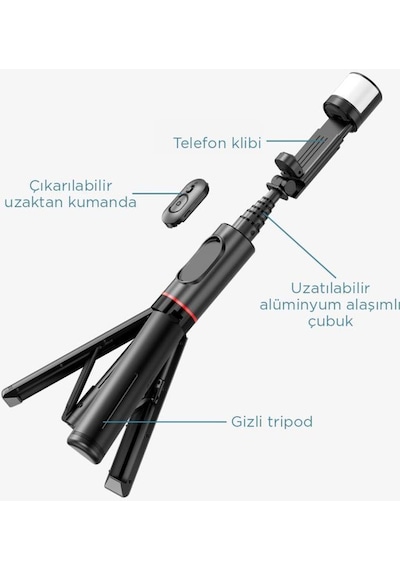 Torima Q12s Siyah Uzaktan Kumandalı Kablosuz Led Işıklı Selfie Çubuğu Tripod