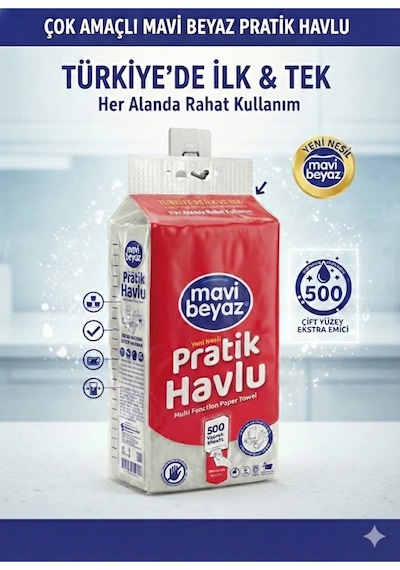 Mavi Beyaz Pratik Havlu 500 Yaprak - Yeni Nesil Çok Amaçlı Kağıt Havlu Asma Aparatı Hediyeli