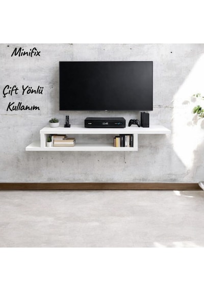 Dekoratif Raflı Duvar Tv Ünitesi Z Raf Beyaz 130 Beyaz
