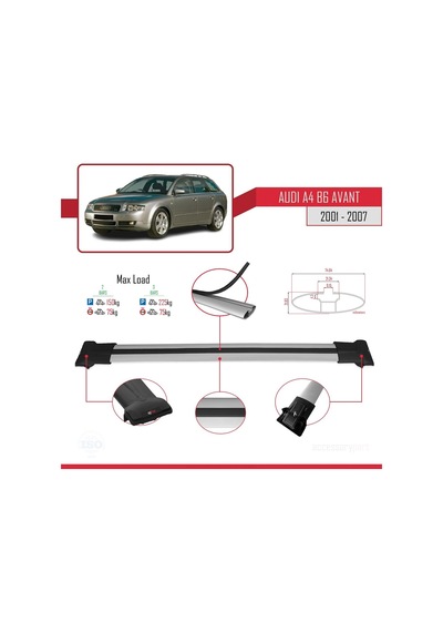 Audi A4 B6 Avant 2001-2007 Arası İle Uyumlu Fly Model Ara Atkı Tavan Barı Gri