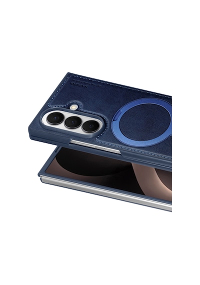 Samsung Galaxy Uyumlu Z Fold 8 Ultra Kılıf Ring M-safe Şarj Özellikli High Pu Deri Hdd Hbc-386 Skafta Case Mavi