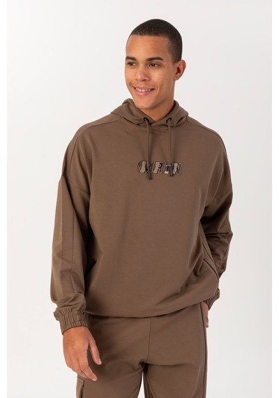 Maraton Sportswear Oversize Erkek Kapşonlu Düşük Kol Basic Kakao Sweatshirt 22465-kakao