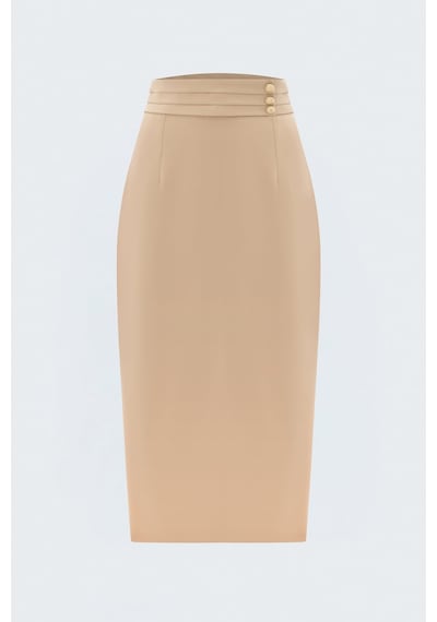 Sateen Düğme Detaylı Midi Etek - Koyu Bej-137807