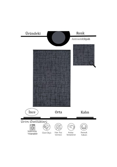 Çam Halı Bodrum Bdr 123 Antrasit Özel Latex Kaymaz Tabanlı Kilim
