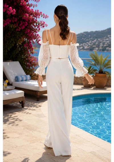 Wellway Ithal Crep Çizgili Kadın Bustiyer Crop-beyaz Beyaz