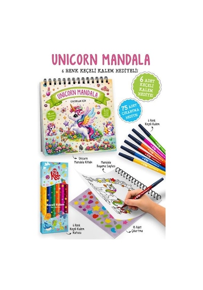 Unicorn Mandala - 6 Renk Keçeli Kalem Ve 75 Adet Çıkartma Hediyeli 3+