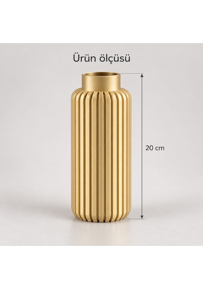 Dikey Çizgili Dekoratif Vazo 20 Cm Modern Silindir Tasarım Altın