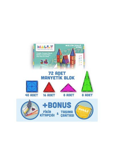Magly Manyetik Yapı Blokları Çocuklar İçin Renkli 3 Boyutlu 72 Parça Manyetik Karo Oyun Seti