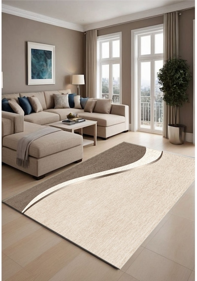 STY Home Krem Kahverengi Dijital Baskı Salon Halısı Kaymaz Tabanlı Yıkanabilir Halı Yolluk6 Kahverengi
