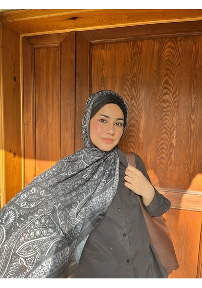Modakaşmir Aminenesil Etnik Desen Soft Pamuk Şal Siyah Beyaz Renk