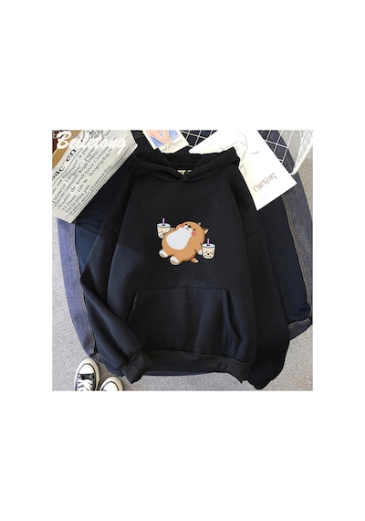 Tarzsokak Siyah Boba Çay Hoodie Sevimli Köpekbüyük Boy Karikatür Hoodie Kawaii İ K
