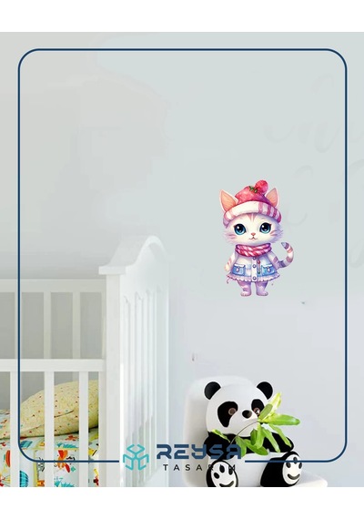 Pofuduk Şapkalı Kış Kedisi Duvar Stickerı Renkli