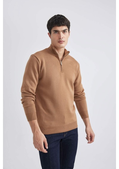 Defacto Standart Fit Normal Kesim Bato Yaka Fermuarlı Basic Düz Triko Kazak A5184AX24AUBN155 Kahverengi