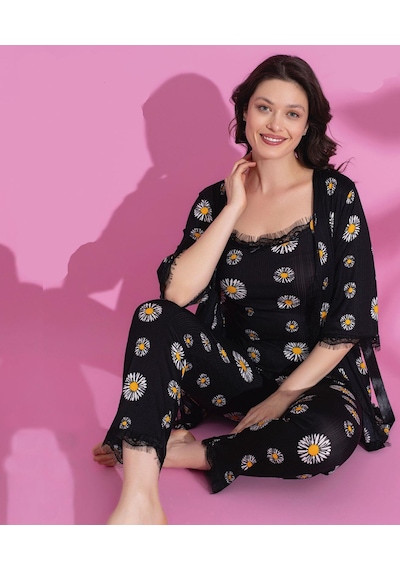 Lukitus Sabahlıklı İp Askılı Çiçek Desenli Kadın Pijama Takımı Çok Renkli