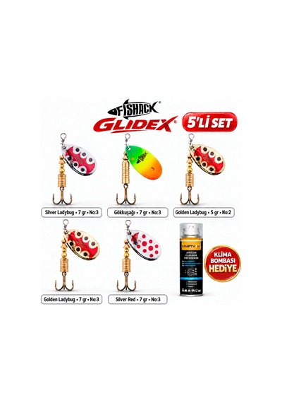 Fishack Glidex 5'li Döner Kaşık Seti + Klima Bombası - Silver Ladybug 7 Gr No:3 + Golden Ladybug 5 Gr No:2 + Golden Ladybug 7 Gr No:3 + Gökkuşağı 7 Gr No:3 + Silver Red 7 Gr