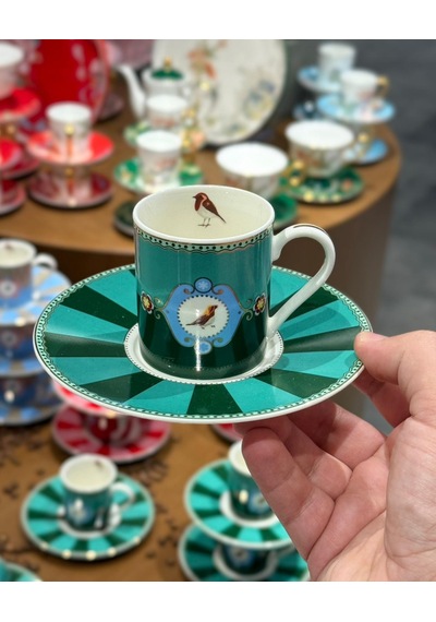 6'lı Porselen Green Bird Kahve Fincanı-5271 Yeşil