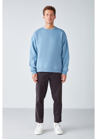 Grimelange Stephan Erkek Yumuşacık Kışlık Kumaşlı 3 Iplik Organik Pamuk Örme Oversize Mavi Sweatshirt