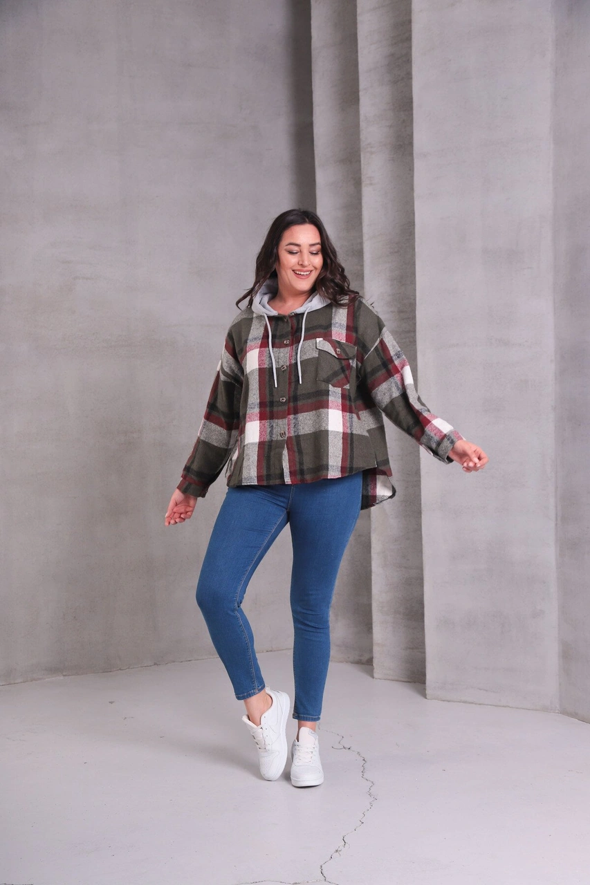 Mamayaga Kadın Curve Desenli Renkli Oduncu Oversize Büyük Beden Ceket Gömlek Haki