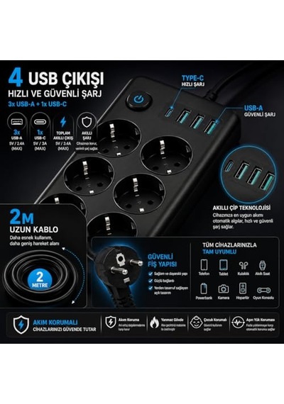 10 Lu Akım Korumalı Priz 3680w 3 Usb-a + 1 Usb-c Girişli Çoklu Grup Priz Anahtarlı 2 Metre Uzatma Kablosu Çocuk Korumalı Çoklu Priz Siyah