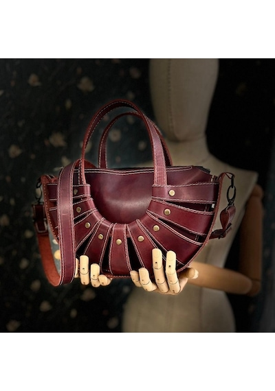 Carıdea El Yapımı Hakiki Deri Bayan Çanta, Clutch, El Omuz Çantası V15 Açık Bordo