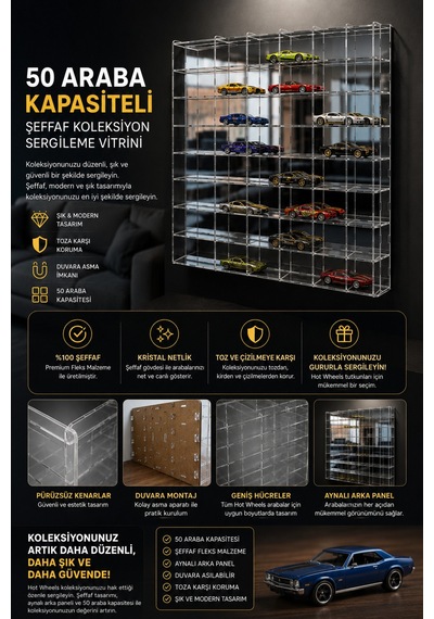 50 Araç Kapasiteli Şeffaf Fleks Koleksiyon Standı Aynalı Arka Panel