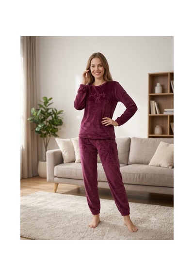 Kadın Uzun Kollu Manşetli Likralı Soft Kadife Pijama Takımı Bordo